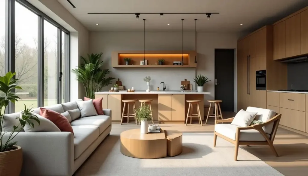 Ambiente moderno de cozinha e sala integrada com decoração elegante, incluindo sofás confortáveis e iluminação suave.