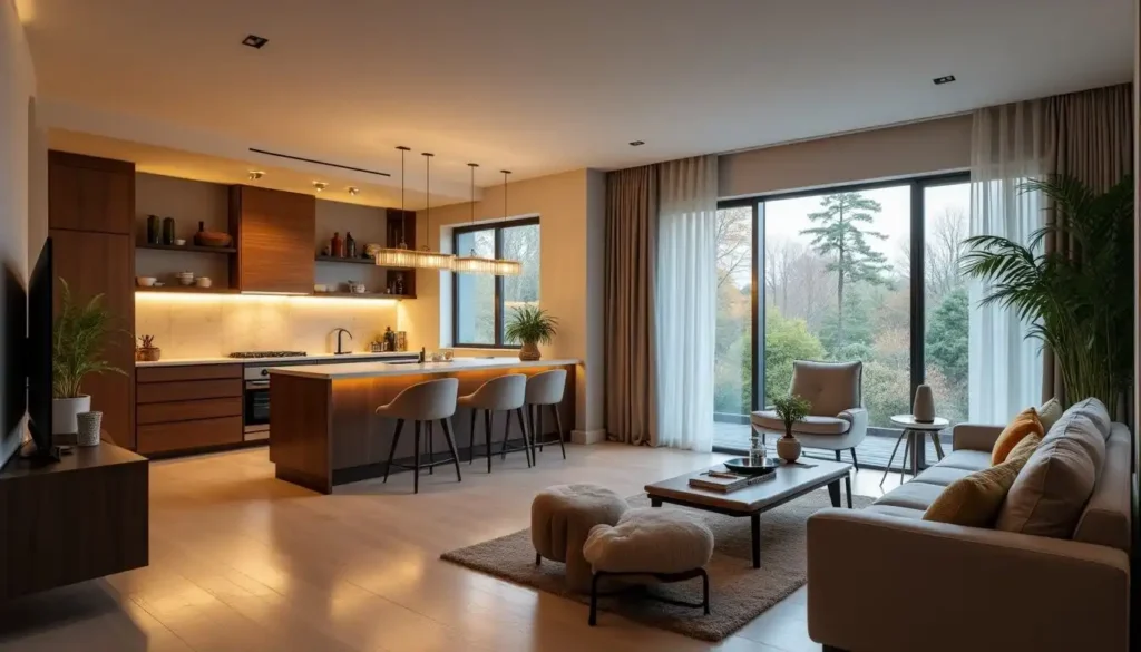 Cozinha e sala integrada com móveis contemporâneos, iluminação suave e janelas amplas, proporcionando um ambiente harmonioso e moderno.