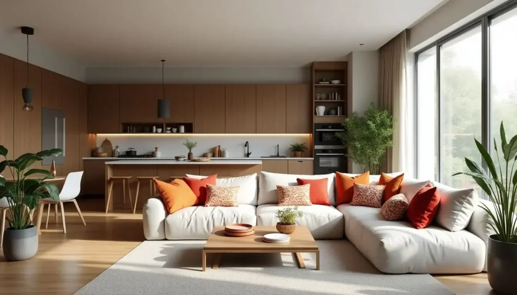 Imagem de uma cozinha e sala integrada, com decoração moderna e aconchegante, featuring uma sala de estar com sofá confortável e uma cozinha elegante.