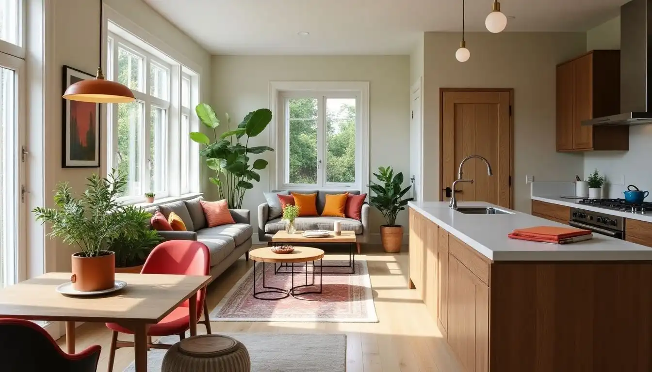 Imagem de uma cozinha e sala integrada com decoração moderna, plantas e móveis aconchegantes, criando um ambiente harmonioso e funcional.