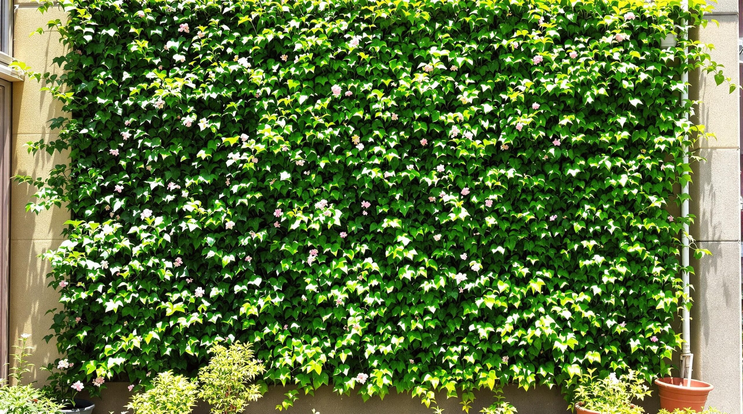 Um jardim vertical cobre uma parede, com hera verde densa e flores rosas espalhadas. A folhagem cria uma tapeçaria texturizada e natural. Abaixo, várias plantas em vasos de terracota repousam no chão, contribuindo para uma cena externa vibrante e exuberante.
