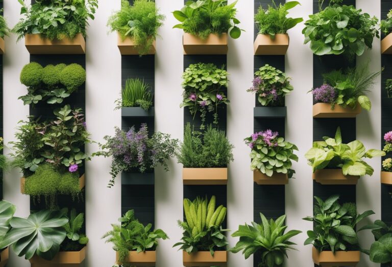 Um display de jardim vertical apresenta várias fileiras de vasos retangulares montados em uma parede. Cada vaso contém uma variedade de plantas verdes exuberantes com diferentes texturas e formatos de folhas. Algumas plantas têm pequenas flores roxas, adicionando contraste à vegetação.