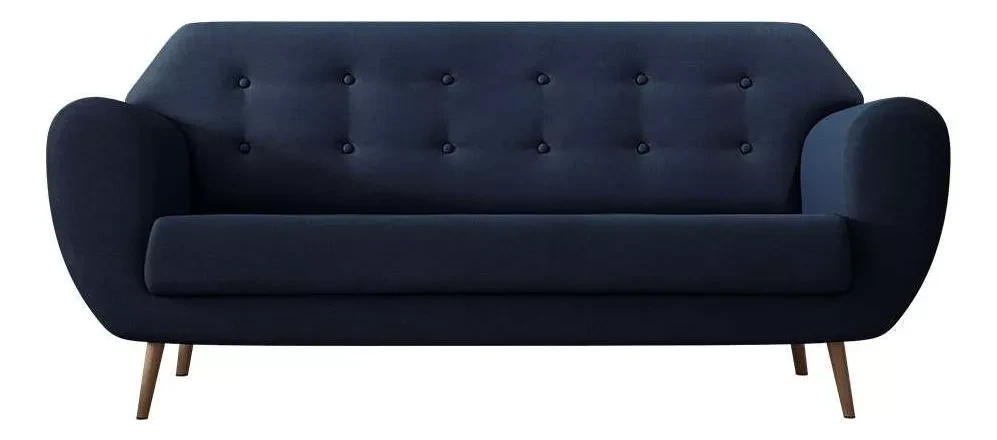 Sofá azul escuro de design moderno com botões decorativos e pé de madeira. Ideal para quem busca os melhores sofás para a sala de estar.