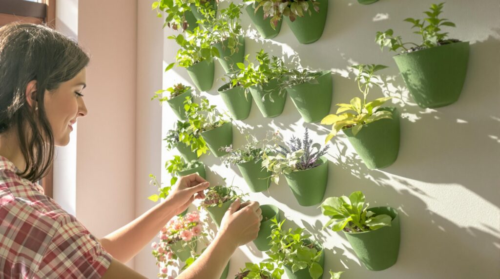 Uma mulher cuida de um jardim vertical em uma parede iluminada pelo sol, cheia de pequenos vasos verdes com várias ervas e plantas. Ela veste uma camisa xadrez e ajusta a folhagem com cuidado. A luz do sol projeta sombras suaves, realçando a vegetação vibrante.