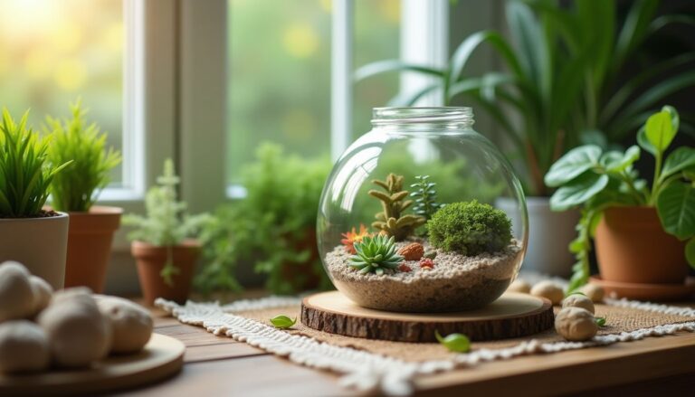 Como fazer um terrário: imagem ilustrativa de um terrário autossustentável com suculentas e solo, em ambiente iluminado e natural.