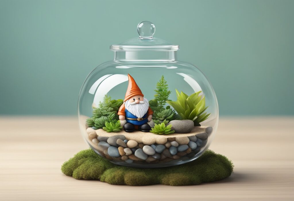 Aprenda como fazer uma terrário com este lindo exemplo decorativo, que inclui suculentas, pedras e um gnomo. Ideal para decoração e jardinagem.