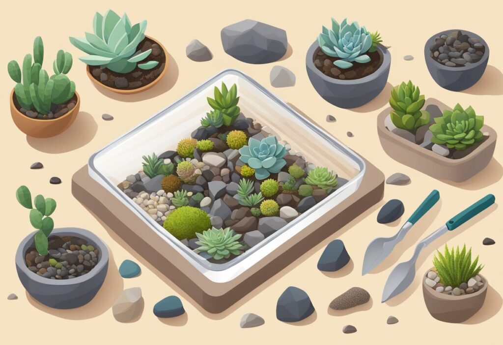 Imagem ilustrativa mostrando como fazer um terrário com suculentas e pedras, ideal para iniciantes e amantes de jardinagem em ambientes fechados.