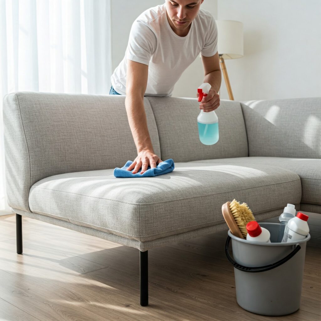 Homem limpando sofá com produto e pano azul, exemplificando como limpar sofá de maneira eficiente e prática.