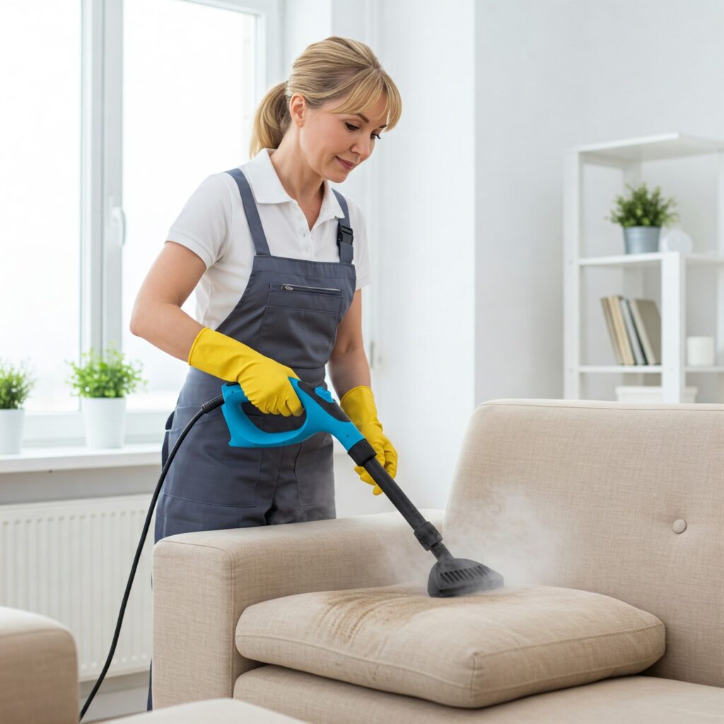 Uma pessoa com luvas amarelas usa um limpador a vapor em uma almofada bege de sofá, com vapor saindo do tecido dentro de casa.