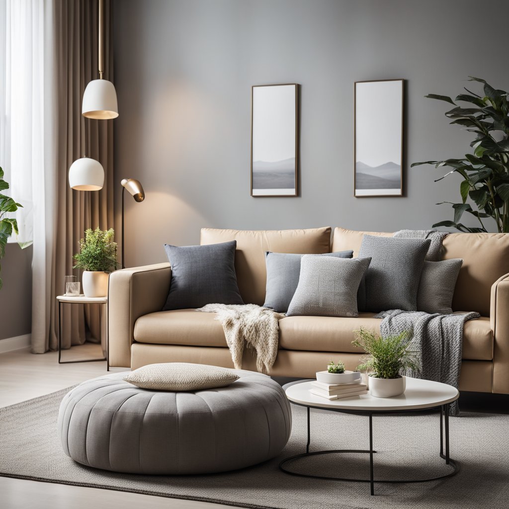 Imagem de uma sala de estar decorada com sofá, almofadas e mesa, ideal para ilustrar dicas sobre como limpar sofá de forma eficaz.