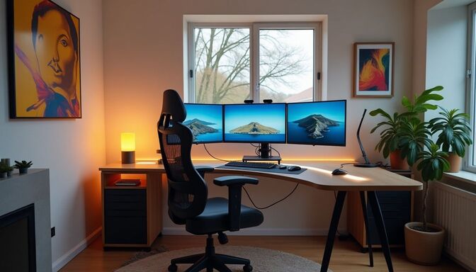 Um escritório moderno em casa com três monitores, uma cadeira ergonômica preta, uma mesa de madeira e plantas de casa ao lado de uma janela.