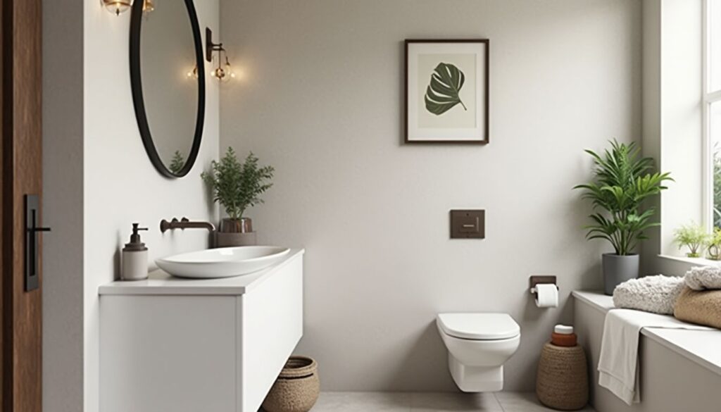 Um banheiro moderno com um espelho redondo, uma pia elegante e plantas estilosas, com cores neutras e detalhes de decoração aconchegantes.