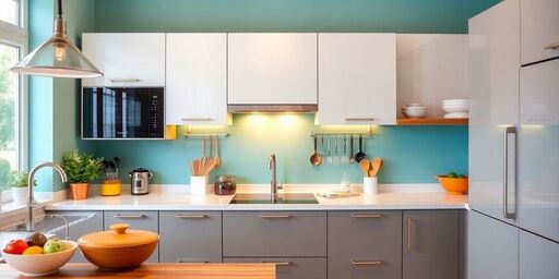 Cozinha moderna com armários brancos e paredes azul turquesa, ideal para quem busca dicas de decoração práticas e elegantes. Destaque para os utensílios e frutas.