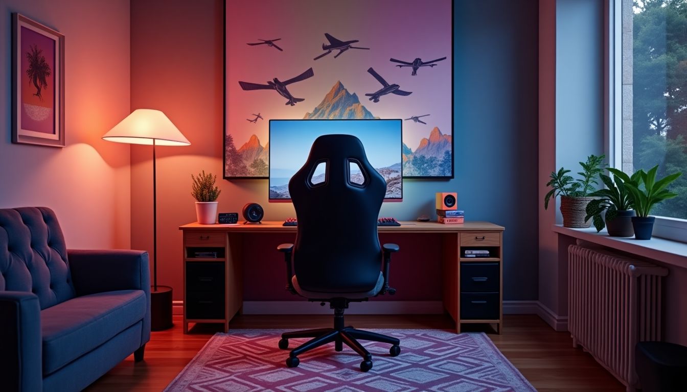 Um ambiente de trabalho moderno, mostrando dicas de decoração com uma cadeira de escritório ergonômica, mesa de trabalho e uma iluminação aconchegante, ideal para home office.