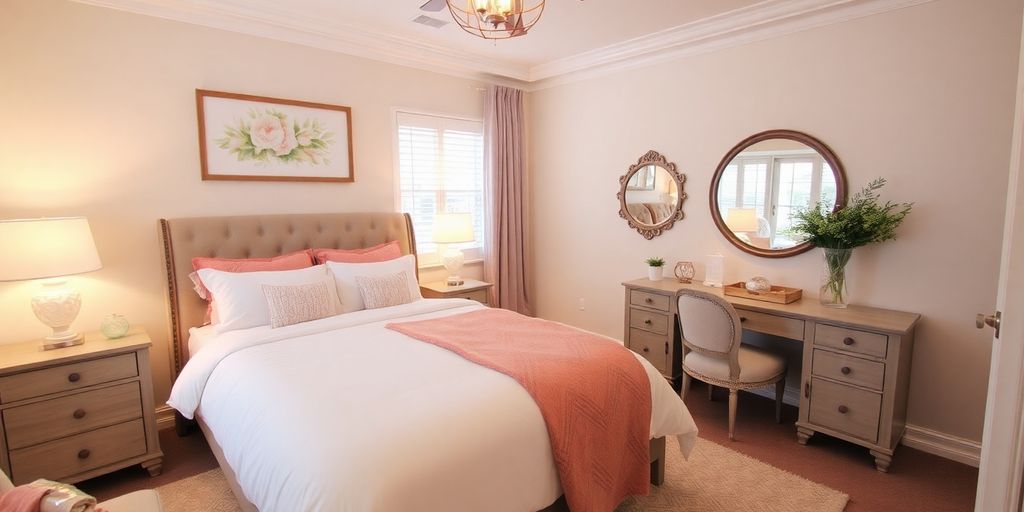 Quarto aconchegante com uma cama macia com detalhes em coral, uma escrivaninha elegante e iluminação suave, adornada com obras de arte florais e um espelho.