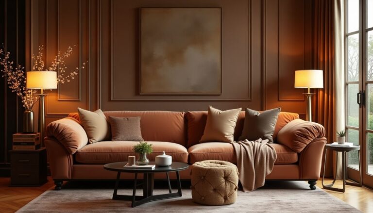 Imagem de uma sala de estar com decoração aconchegante, sofá marrom, almofadas neutras e mesas de centro, oferecendo dicas de decoração elegantes.