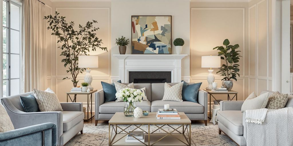 Sala de estar decorada com plantas, quadros e móveis modernos, ideal para inspirar dicas de decoração elegantes e sofisticadas.