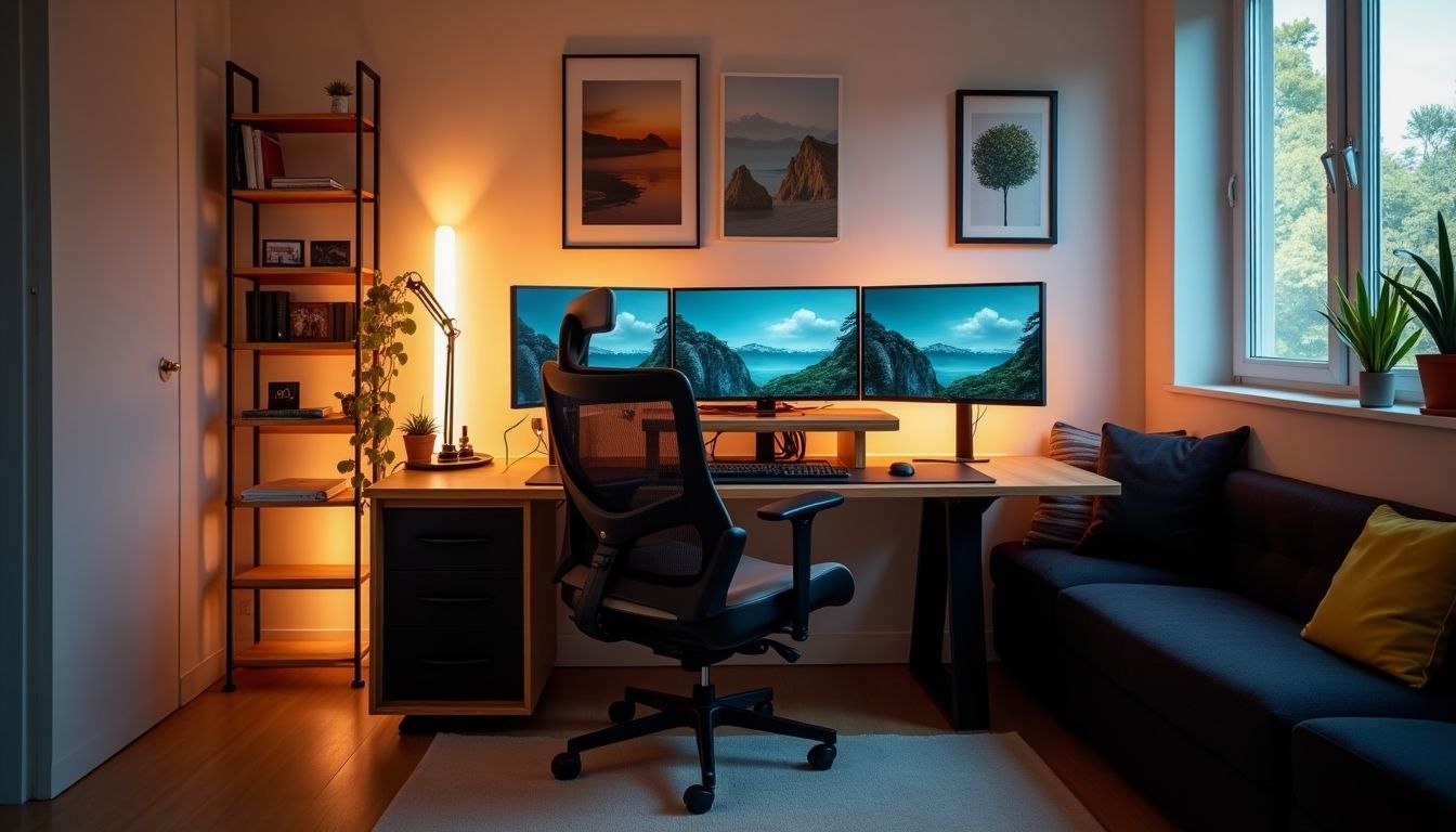 Imagem de um moderno escritório home office com três monitores, uma cadeira ergonômica e decoração aconchegante, ideal para trabalho remoto.