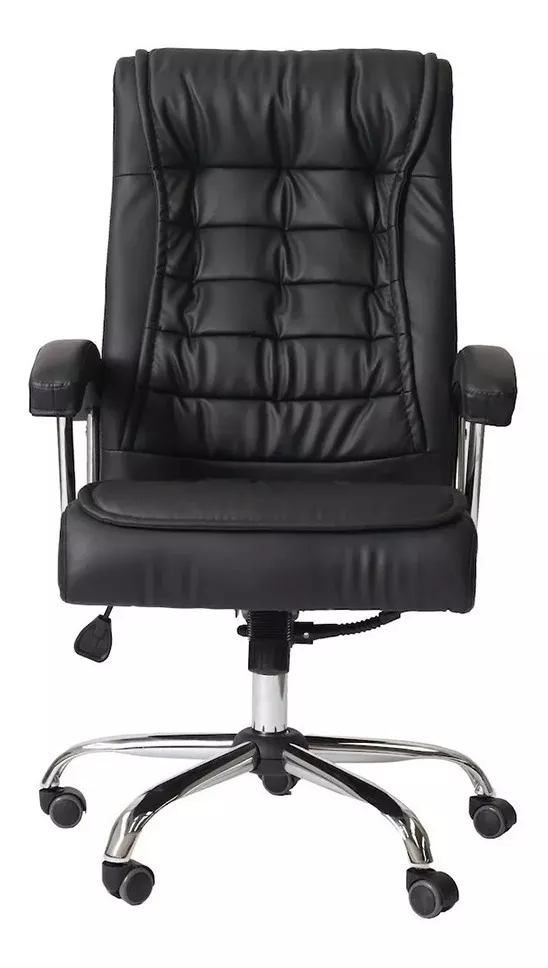 Cadeira de escritório confortsit de couro preto com encosto e assento acolchoados, base cromada e rodas giratórias para mobilidade.