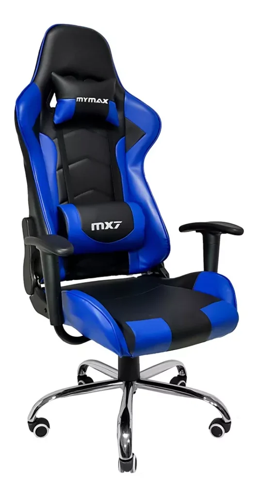 Cadeira Gamer Mx7 com design moderno e cores azul e preta, ideal para conforto e produtividade em ambientes de trabalho e lazer. Ideal para quem busca as melhores cadeiras ergonômicas.