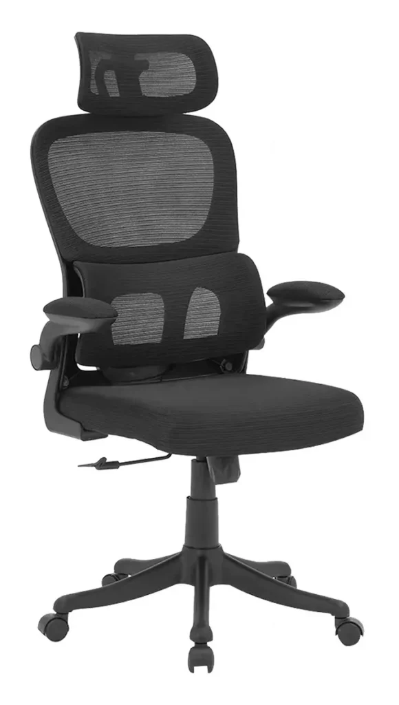 Cadeira de escritório ergonômica python fly em preto com encosto de malha, apoio de cabeça ajustável e apoios de braços em uma base de cinco rodas.