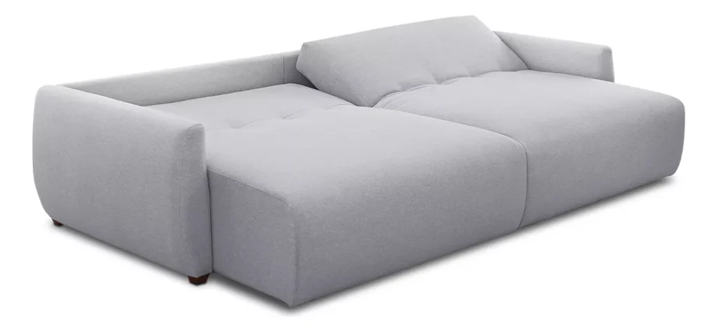 Sofá Cama cinza moderno com design minimalista, almofadas macias e encosto inclinado para maior conforto e estilo. Um dos melhores sofás do gênero.