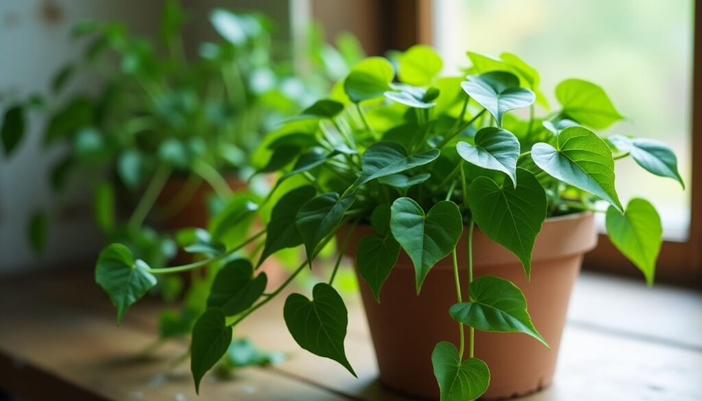 Imagem de planta Hera, mostrando folhas verdes saudáveis em vaso, representando opções de plantas fáceis de cuidar.