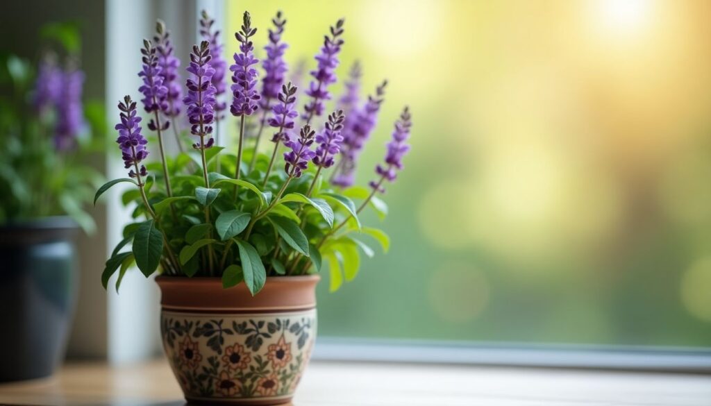 Um vaso com lavanda no parapeito de uma janela, com vegetação e luz difusas realçando a atmosfera serena do ambiente interno.