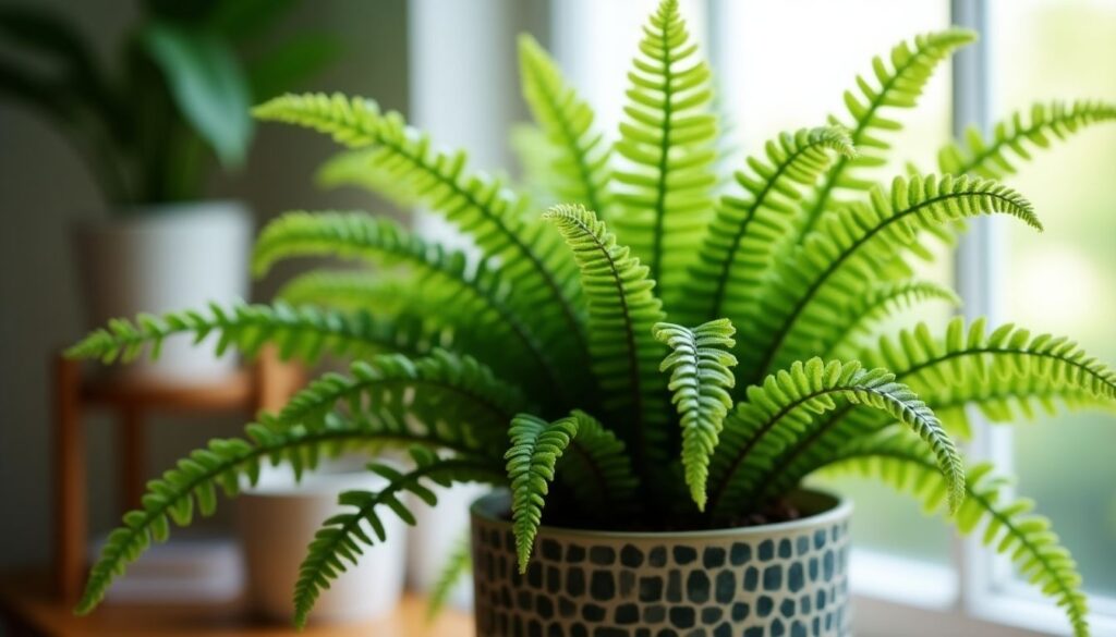 Uma samambaia verde vibrante em um vaso estampado, ao lado de uma janela, com luz natural suave iluminando suas folhas exuberantes.
