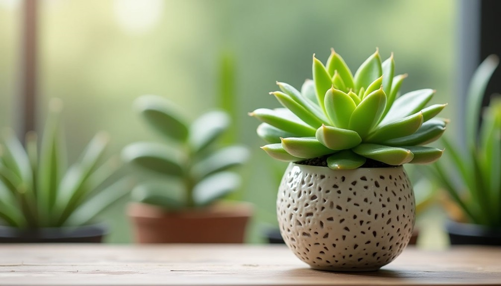 Imagem de uma planta suculenta em um vaso decorativo, representando plantas fáceis de cuidar para iniciantes na jardinagem.