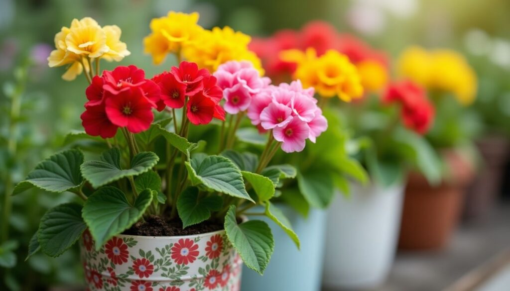 Uma exibição vibrante de flores desabrochando em várias cores, incluindo vermelho, rosa, amarelo e laranja, em vasos decorativos.