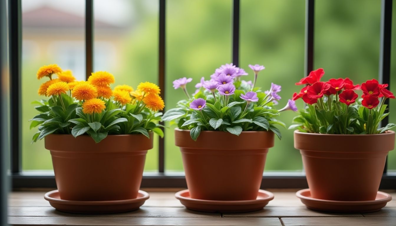 Três plantas com flores em vasos no parapeito de uma janela: malmequeres amarelos, margaridas roxas e flores vermelhas, trazendo cor ao espaço.