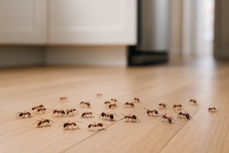 Formigas caminhando no chão de madeira da cozinha, ilustrando o problema de infestação e como acabar com formigas dentro de casa de forma natural.