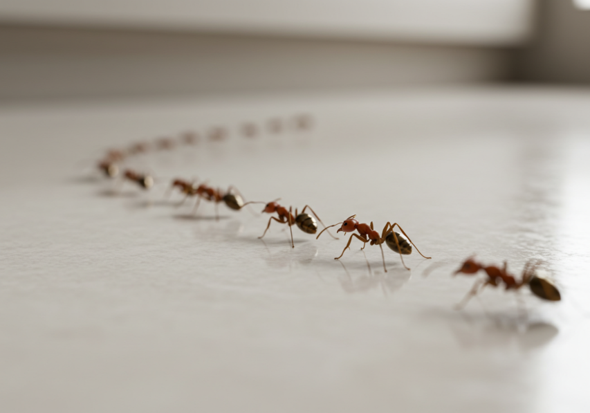 Trilha de formigas dentro de casa mostrando como acabar com formigas ao identificar seus caminhos.