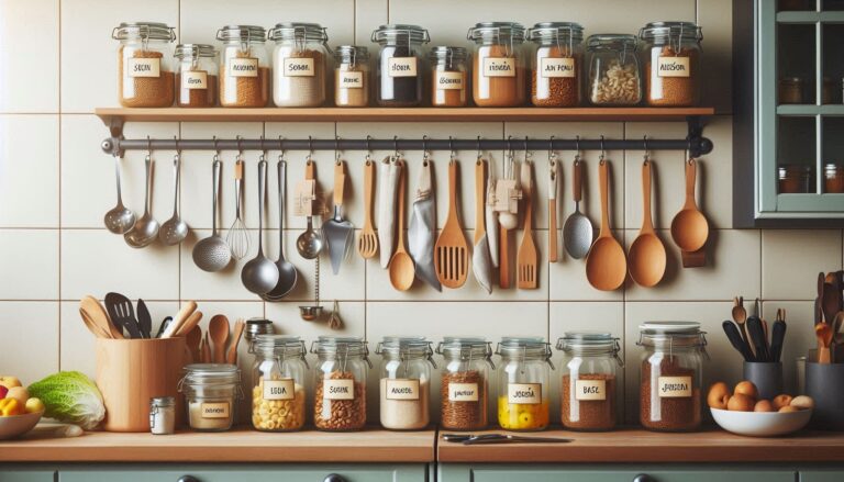 Imagem de uma cozinha organizada com prateleiras de vidro contendo alimentos em potes e utensílios pendurados, mostrando um exemplo de como organizar a casa.