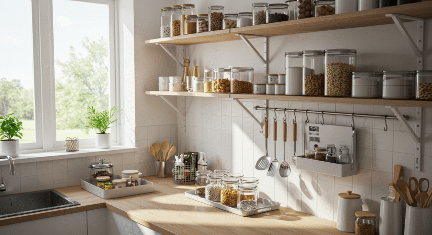 Cozinha organizada com potes transparentes e aproveitamento de espaço vertical