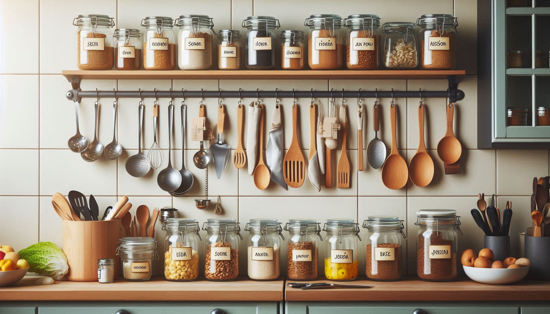Imagem de uma cozinha organizada com prateleiras de vidro contendo alimentos em potes e utensílios pendurados, mostrando um exemplo de como organizar a casa.
