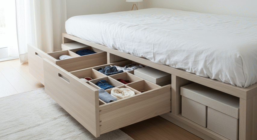 Imagem de um espaço organizado sob a cama, mostrando gavetas com roupas e objetos, uma dica sobre como organizar a casa de forma prática e eficiente.