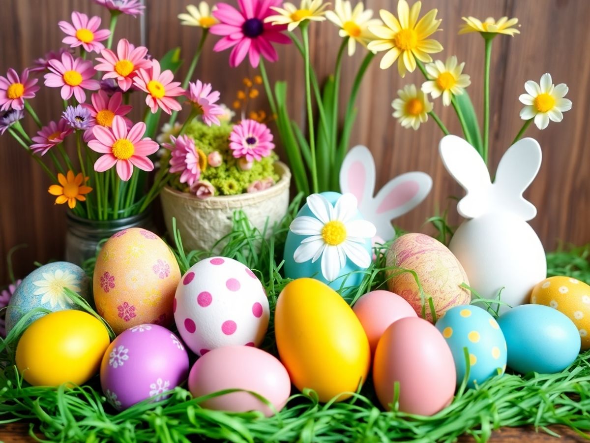 Decoração de Páscoa colorida com ovos e flores primaveris.