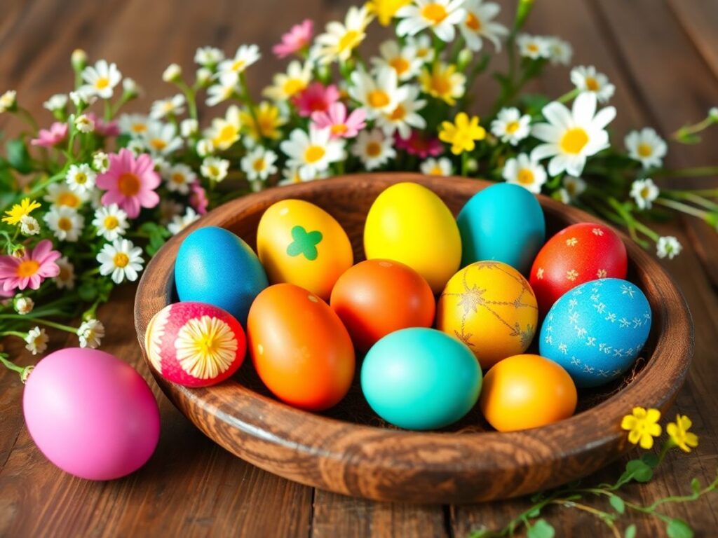 Ovos de Páscoa decorativos em cores vibrantes sobre uma mesa.