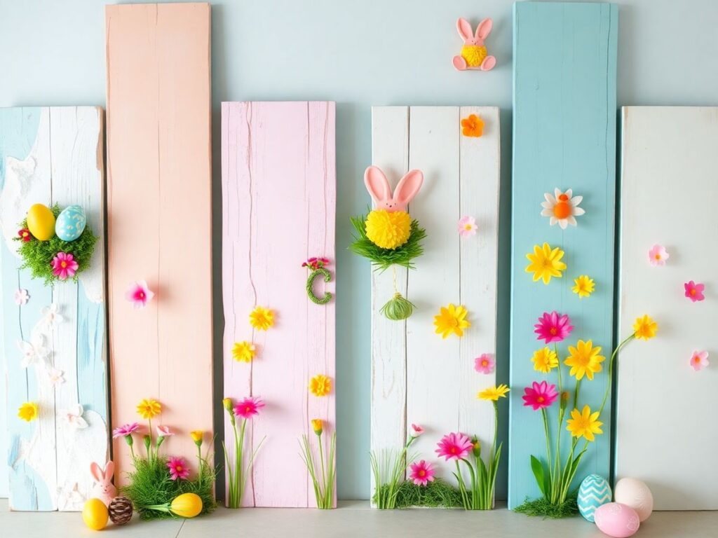 Painéis temáticos coloridos de Páscoa decorados com ovos.