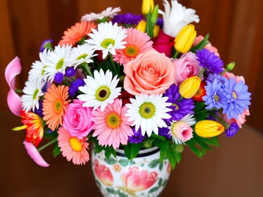 Arranjo de flores coloridas em um vaso decorativo.