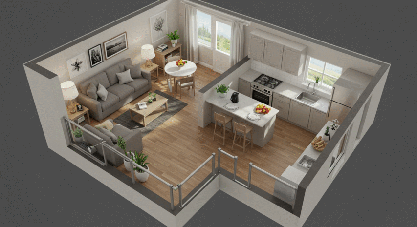 Imagem de um apartamento pequeno decorado, destacando o estilo moderno e funcional. Ideal para inspiração de decoração de apartamento pequeno.