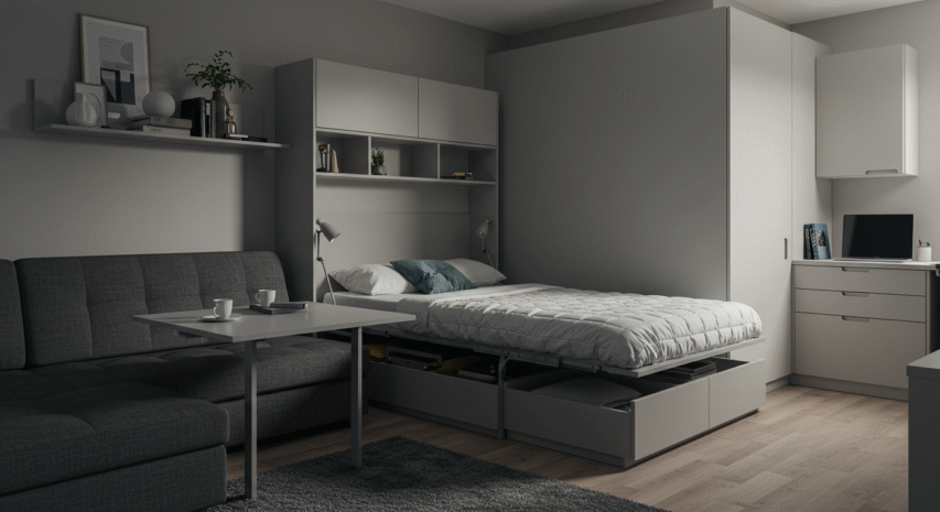 Imagem de um apartamento pequeno decorado com espaço otimizado para dormir, sofá, escritório e armazenamento organizado, ideal para decoração de apartamento pequeno.