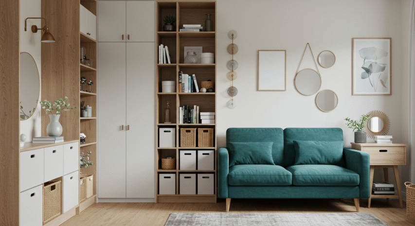 Decoração de apartamento pequeno com móveis embutidos, sofá azul e parede decorada com quadros e espelhos, ideal para ambientes compactos e modernos.