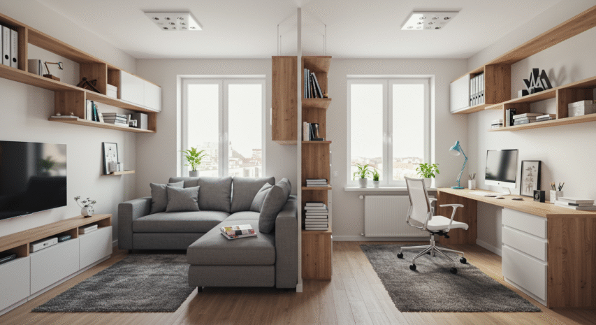 Escritório em casa moderno com um sofá secional cinza, prateleiras de madeira, uma mesa com um computador e grandes janelas que deixam entrar luz natural.