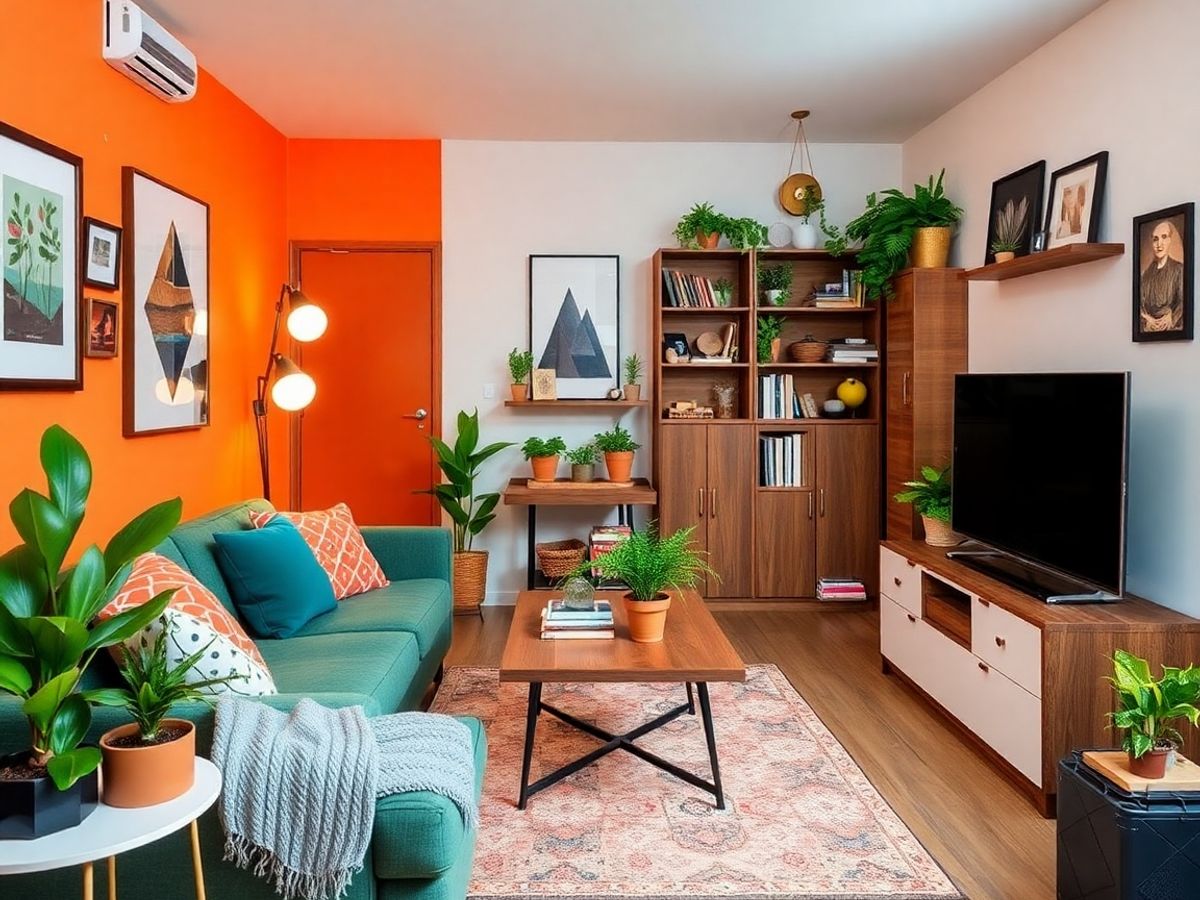 Imagem de uma sala decorada que exemplifica ideias de decoração de apartamento pequeno com plantas, móveis modernos e uma paleta de cores vibrantes.