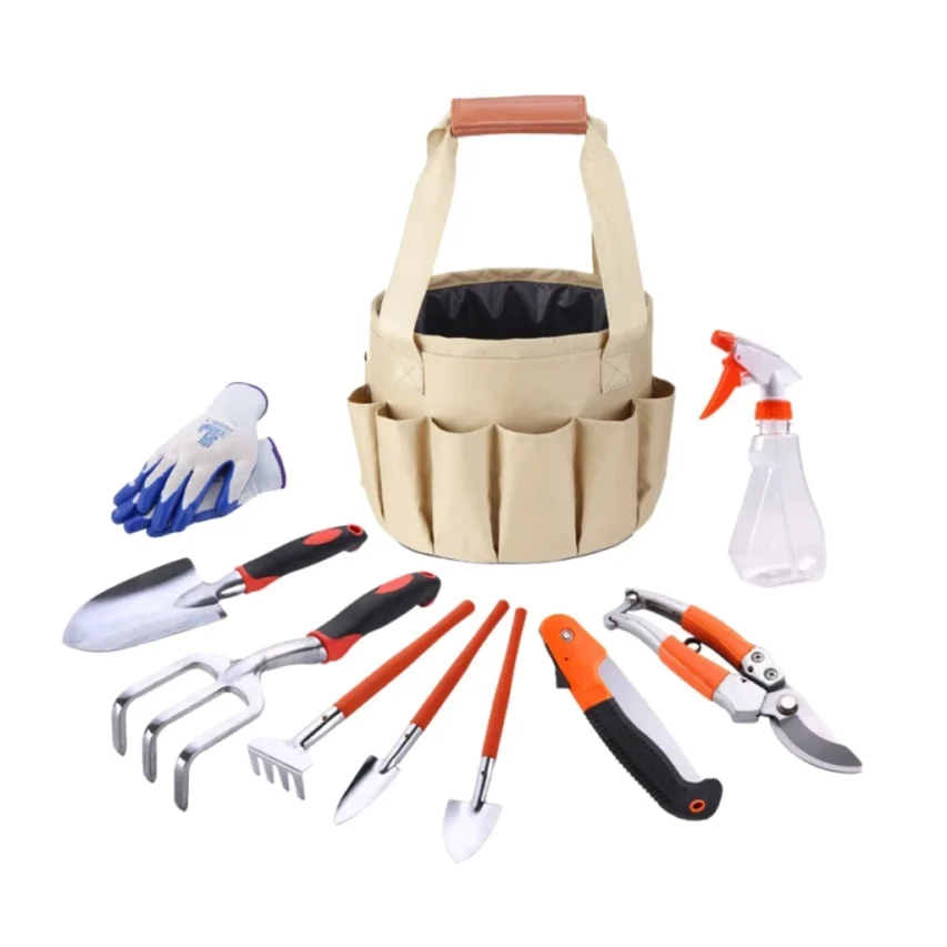 Conjunto de ferramentas de jardinagem, incluindo luvas, regador e diversos utensílios, ideal para cuidar do jardim com eficiência.