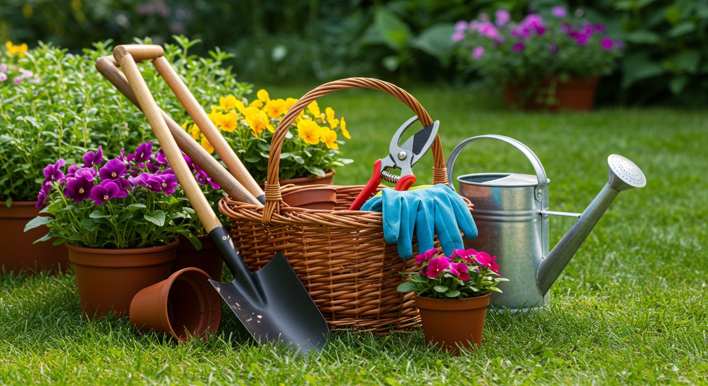 Imagem que ilustra diversas ferramentas de jardinagem, incluindo pá, tesoura de poda, regador e vasos com flores coloridas, ideal para amantes de jardinagem.