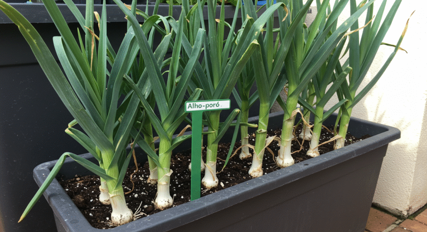 Alho-poró com talos grossos cultivado em jardineira, perfeito para sopas cremosas e tortas salgadas.